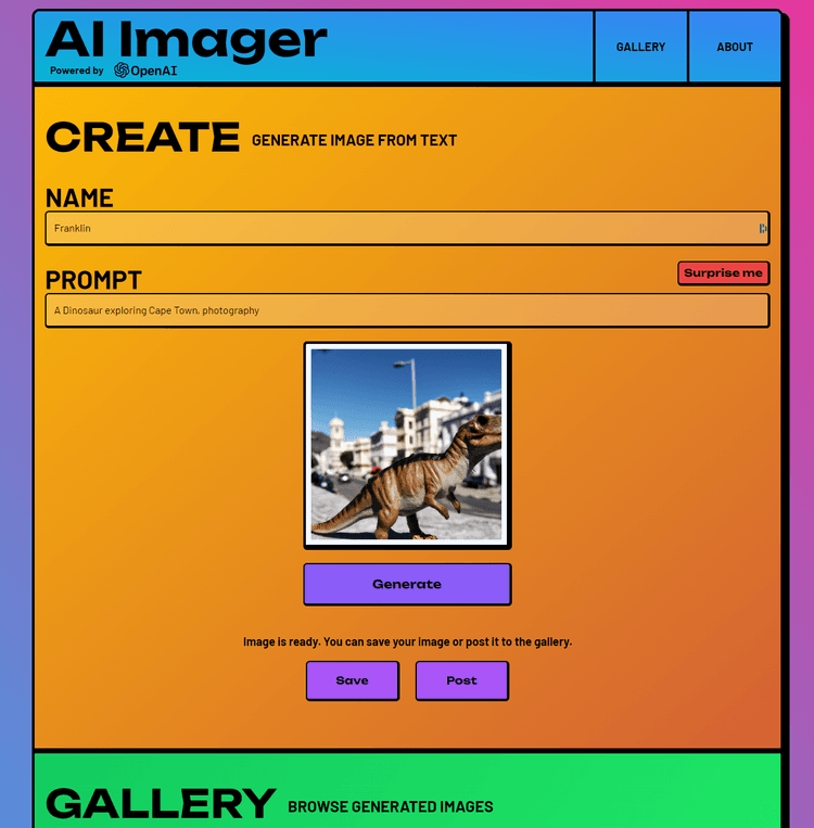 AI image generator app using OpenAI. Generated images can be posted to a gallery.