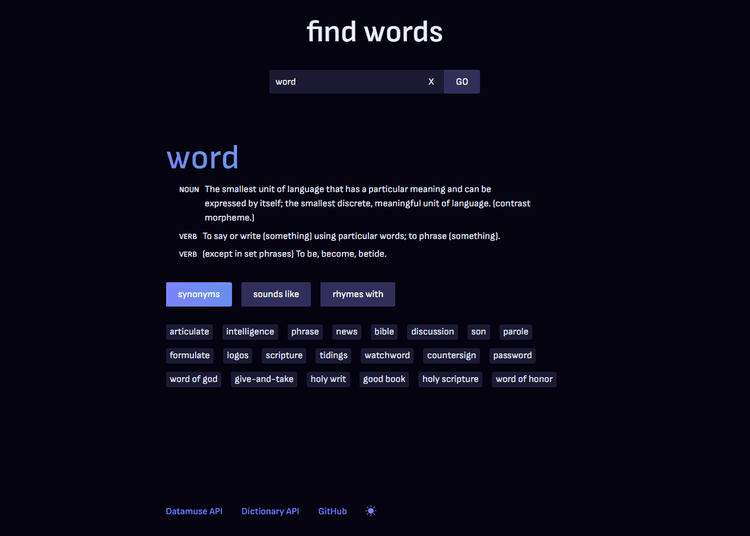 Quick and simple thesaurus app with some extra options.