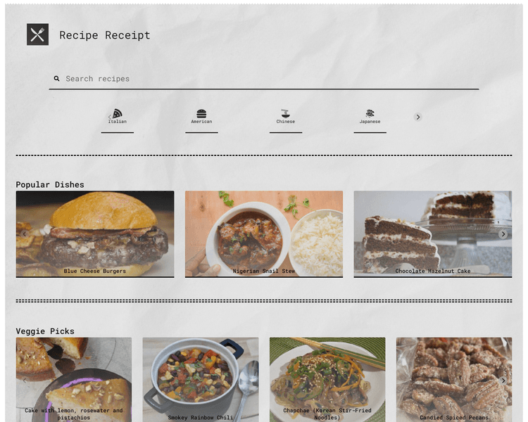 Recipe finder with search, cuisine categories, and featured dishes.