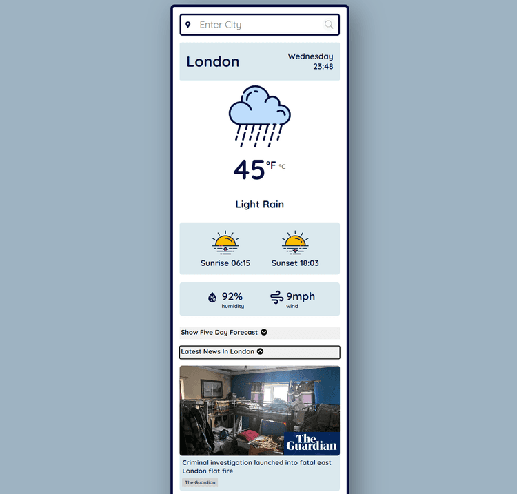 Search for current weather of any city, along with the most recent and relevant news.